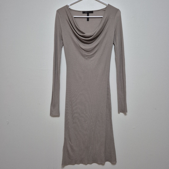 BCBGMAXAZRIA Women's Bodycon Luxury Taupe Cowl Neck Ribbed Midi Dress Size XS - Picture 2 of 4